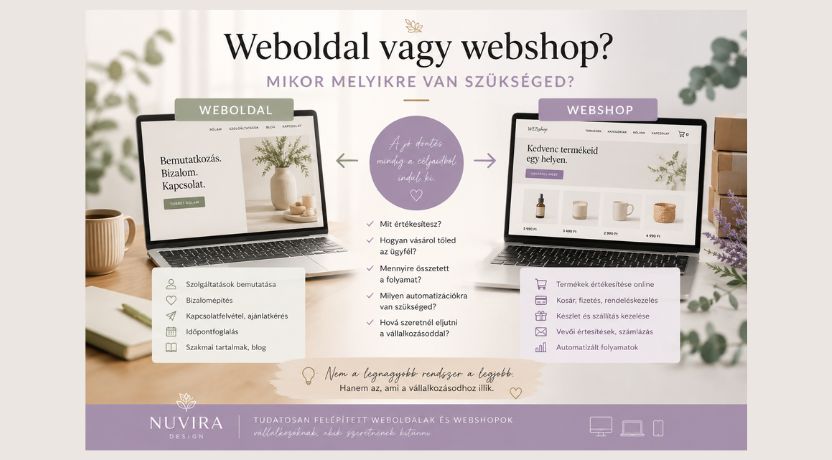 Weboldal vagy webshop? Laptopn bemutatva szolgáltatás és termék oldal. Mikor melyikre van szükség?