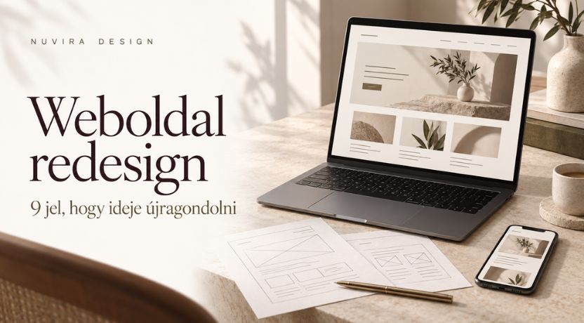 Weboldal redesign – laptopon és mobilon bemutatott weboldalterv, mellette papíralapú vázlatok.