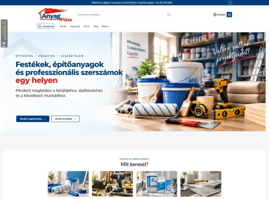 AnyagPláza a redesign után: egyértelmű nyitófelület és képes termékkategóriák