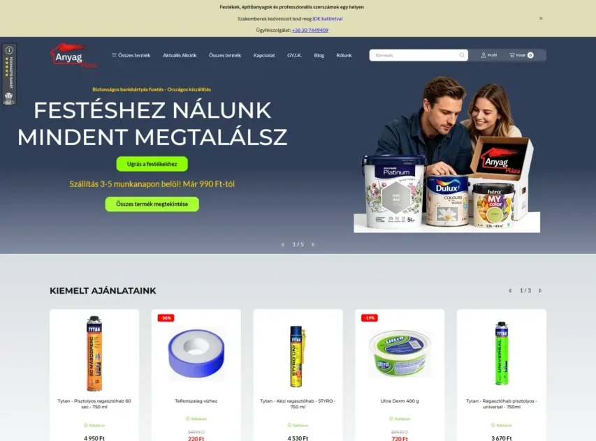 AnyagPláza a redesign előtt: korábbi termék- és promócióközpontú főoldal